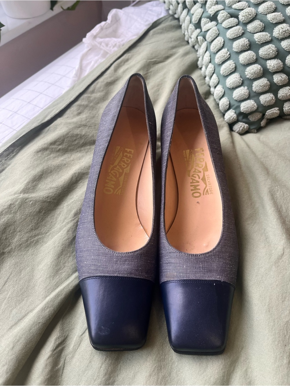 Salvatore Ferragamo Grey Canvas and Black Leather Square-Toe Pumps